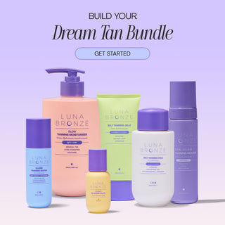 A promotional bundle display of six Luna Bronze skincare products in various colors (light blue, peach, lime green, purple, yellow, and white) arranged against a light lavender background with the text 'BUILD YOUR Dream Tan Bundle GET STARTED'.